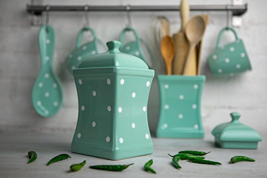 Teal Blue And White Polka Dot Spotty Handmade Hand Painted Large Ceramic Kitchen Storage Jar