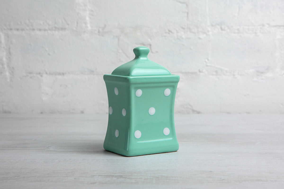 Teal Blue And White Polka Dot Spotty Handmade Hand Painted Small Ceramic Kitchen Herb Spice Storage Jar with Lid