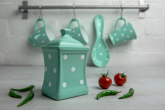 Teal Blue And White Polka Dot Spotty Handmade Hand Painted Small Ceramic Kitchen Herb Spice Storage Jar with Lid
