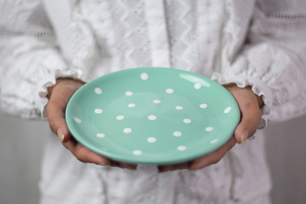 Teal Blue and White Polka Dot Spotty Handmade Hand Painted Ceramic 12 piece Dinnerware Service for 4