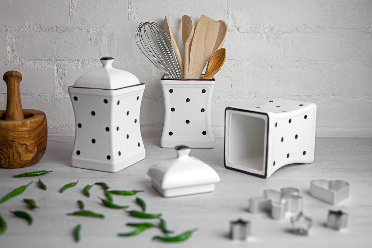 White and Black Polka Dot Pottery Handmade Hand Painted Large Ceramic Kitchen Storage Jar Set Canister Set - Same Size Jars