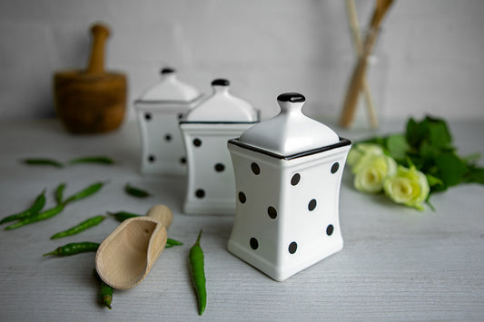 White and Black Polka Dot Pottery Handmade Hand Painted Small Ceramic Kitchen Herb Spice Jars Canister Set - Same Size Jars
