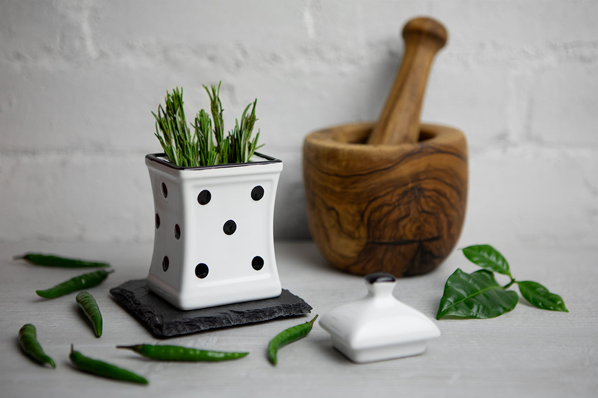 White and Black Polka Dot Pottery Handmade Hand Painted Small Ceramic Kitchen Herb Spice Jars Canister Set - Same Size Jars