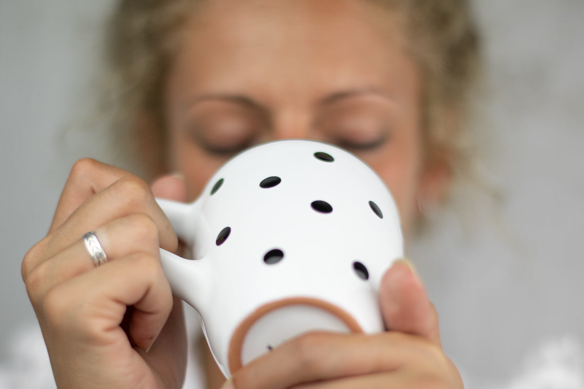 White And Black Polka Dot Spotty Designer Handmade Hand Painted Unique Ceramic 10oz-300ml Coffee Tea Mug with Large Handle