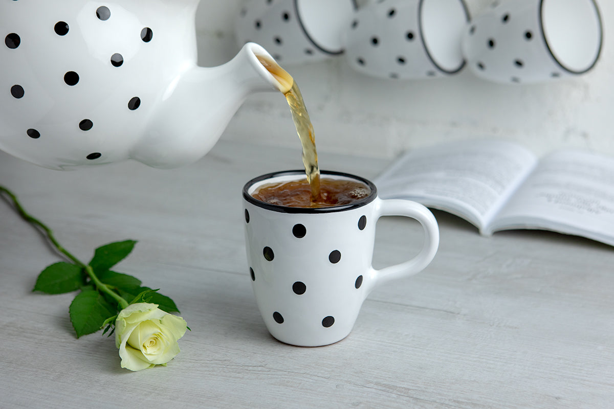 White And Black Polka Dot Spotty Designer Handmade Hand Painted Unique Ceramic 10oz-300ml Coffee Tea Mug with Large Handle