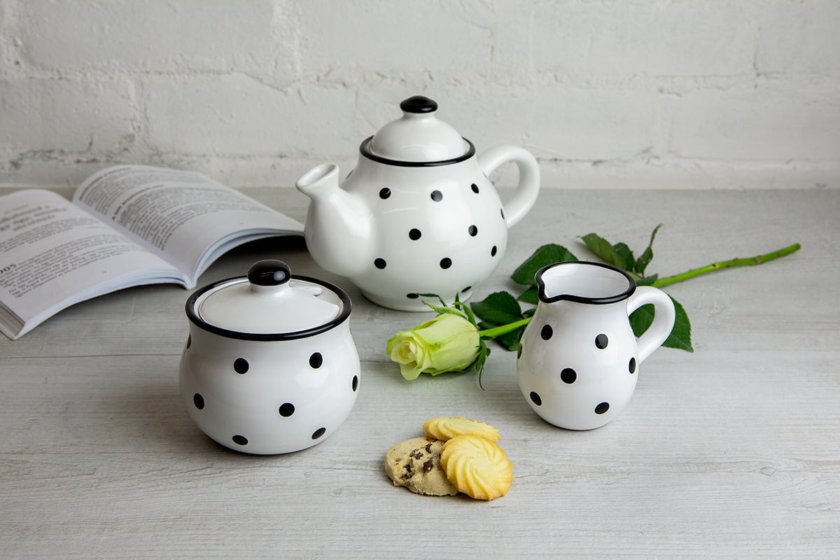 White and Black Polka Dot Pottery Handmade Hand Painted Ceramic Teapot Milk Jug Sugar Bowl Set