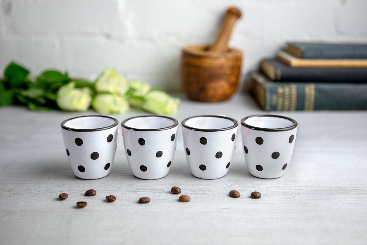 White And Black Polka Dot Spotty Designer Handmade Hand Painted Unique Ceramic 2oz-60ml Espresso Coffee Cup Set of 4