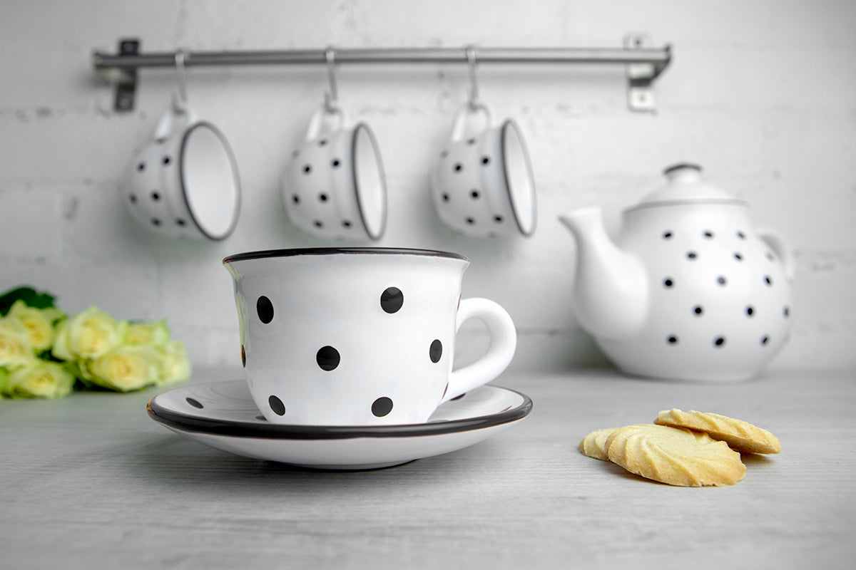White And Black Polka Dot Spotty Designer Handmade Hand Painted Ceramic 9oz-250ml Cappuccino Coffee Tea Cup with Saucer
