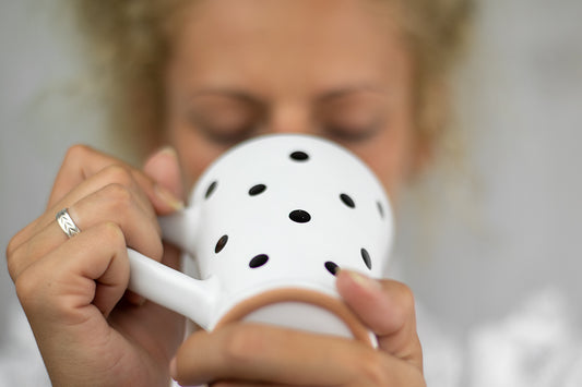 White And Black Polka Dot Spotty Handmade Hand Painted Ceramic Coffee Tea Latte Mug with Large Handle 8 oz - 220 ml