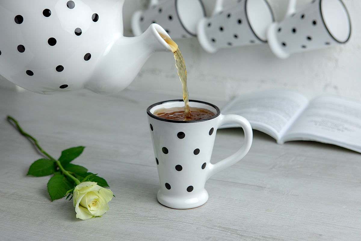White And Black Polka Dot Spotty Handmade Hand Painted Ceramic Coffee Tea Latte Mug with Large Handle 8 oz - 220 ml