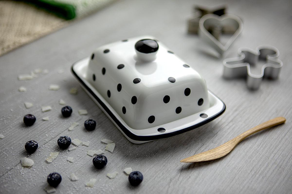 White And Black Polka Dot Spotty Handmade Hand Painted Ceramic Butter Dish With Lid