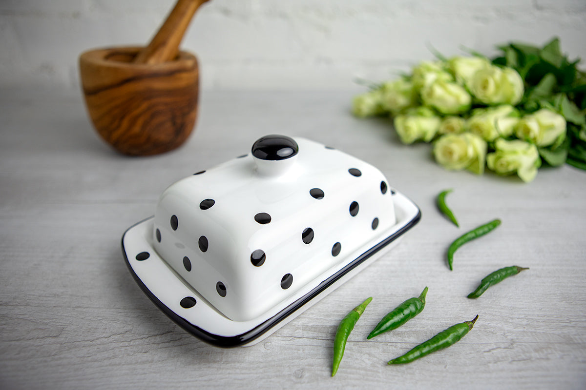 White And Black Polka Dot Spotty Handmade Hand Painted Ceramic Butter Dish With Lid
