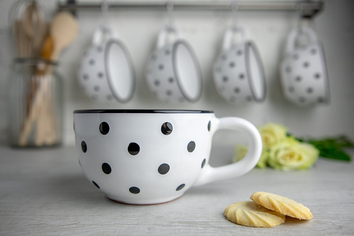 White And Black Polka Dot Spotty Handmade Hand Painted Ceramic Extra Large 17.5oz-500ml Cappuccino Coffee Tea Soup Mug Cup