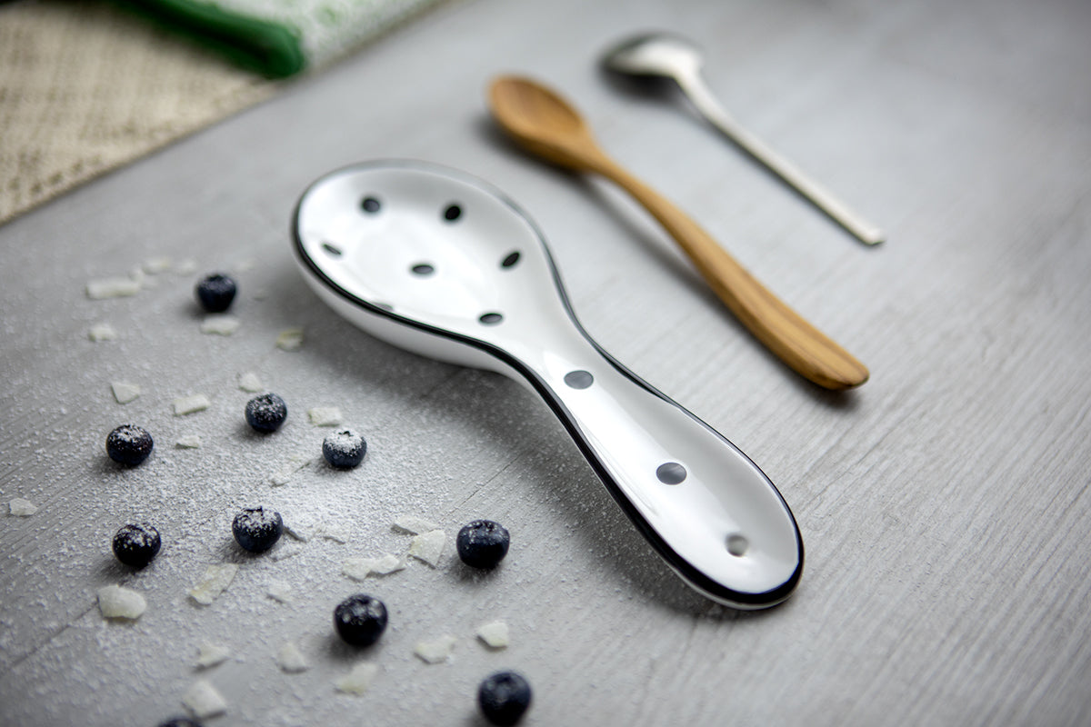 White And Black Polka Dot Spotty Handmade Hand Painted Ceramic Kitchen Cooking Spoon Rest