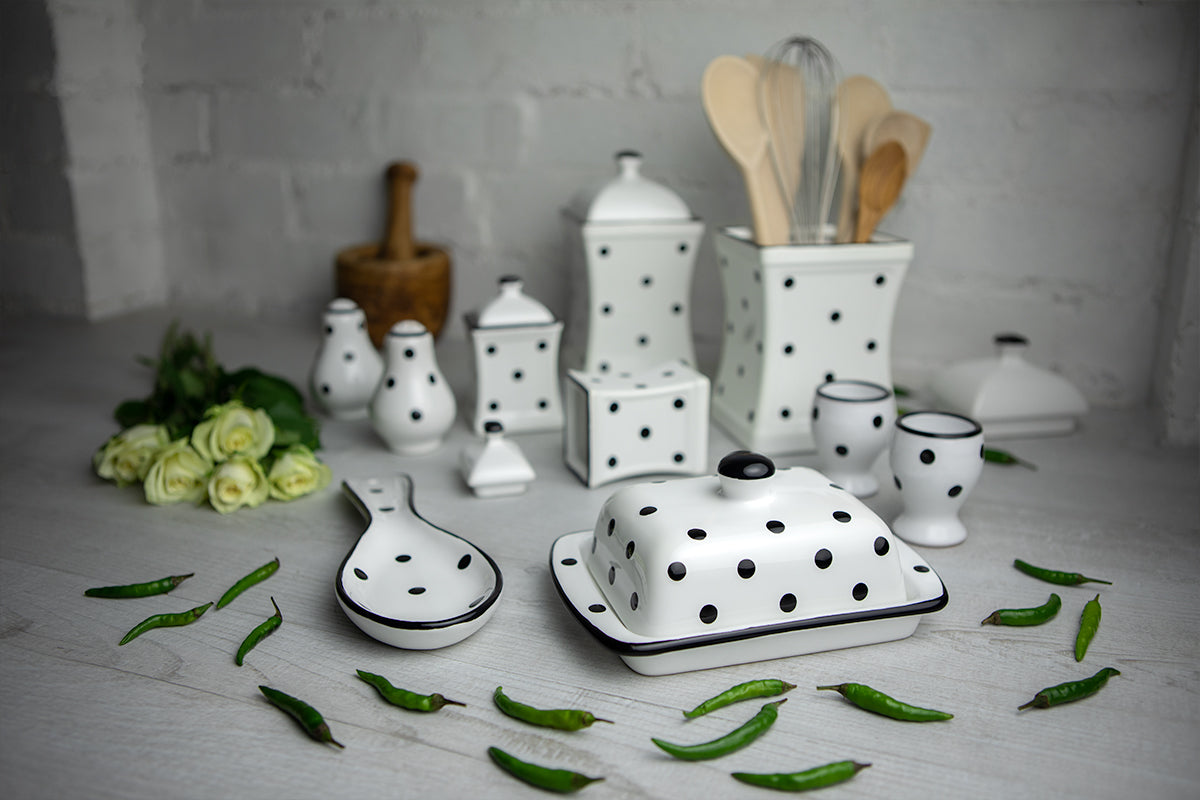 White And Black Polka Dot Spotty Handmade Hand Painted Ceramic Kitchen Serving Storage Set of 10