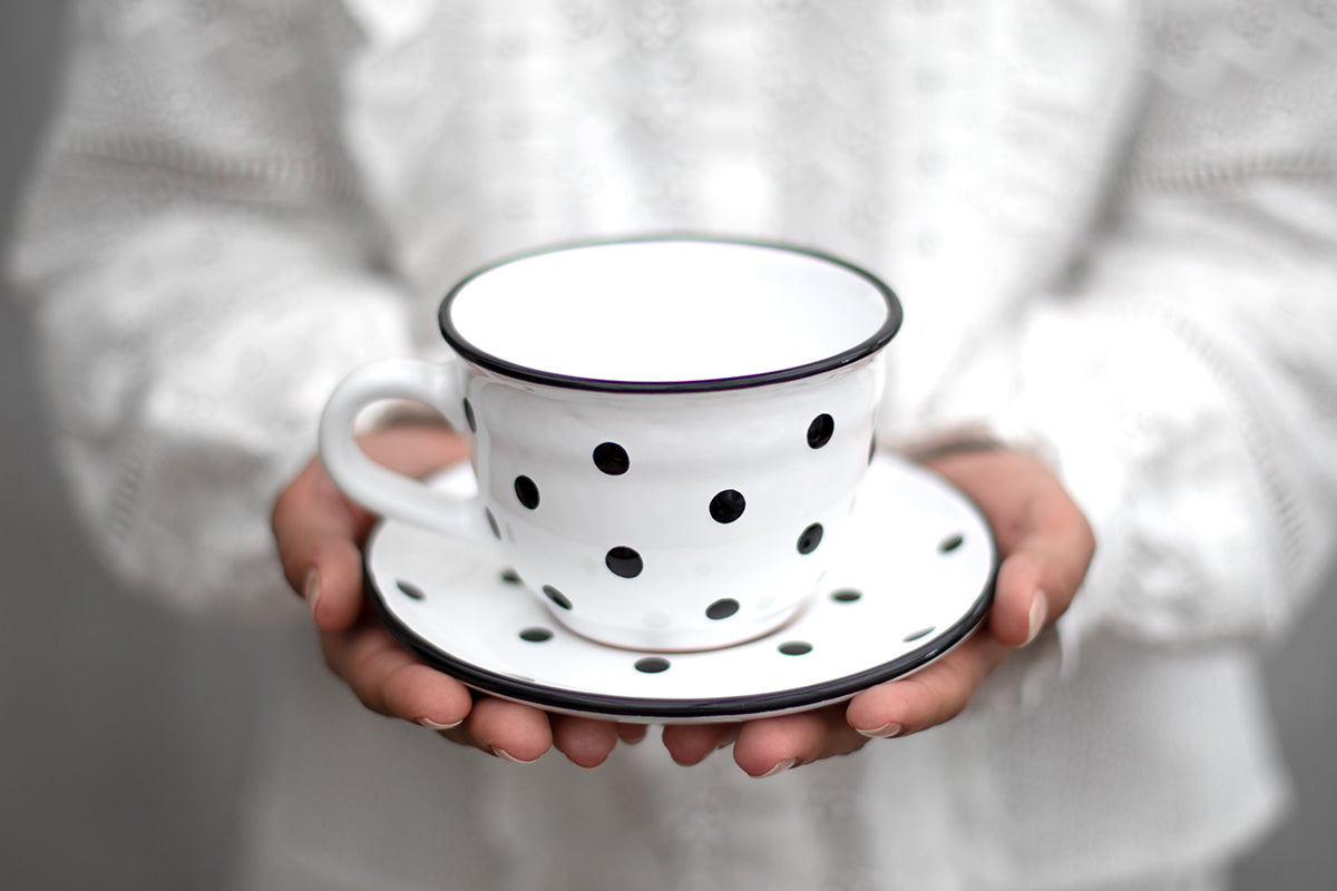 White And Black Polka Dot Spotty Handmade Hand Painted Large Unique Ceramic 12oz-350ml Cappuccino Coffee Tea Cup with Saucer