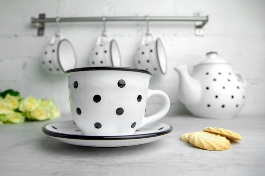 White And Black Polka Dot Spotty Handmade Hand Painted Large Unique Ceramic 12oz-350ml Cappuccino Coffee Tea Cup with Saucer