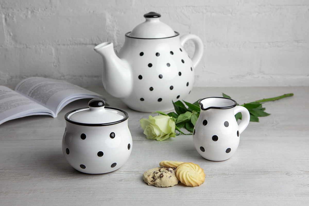 White And Black Polka Dot Spotty Handmade Hand Painted Ceramic Large Teapot Milk Jug Sugar Bowl Set