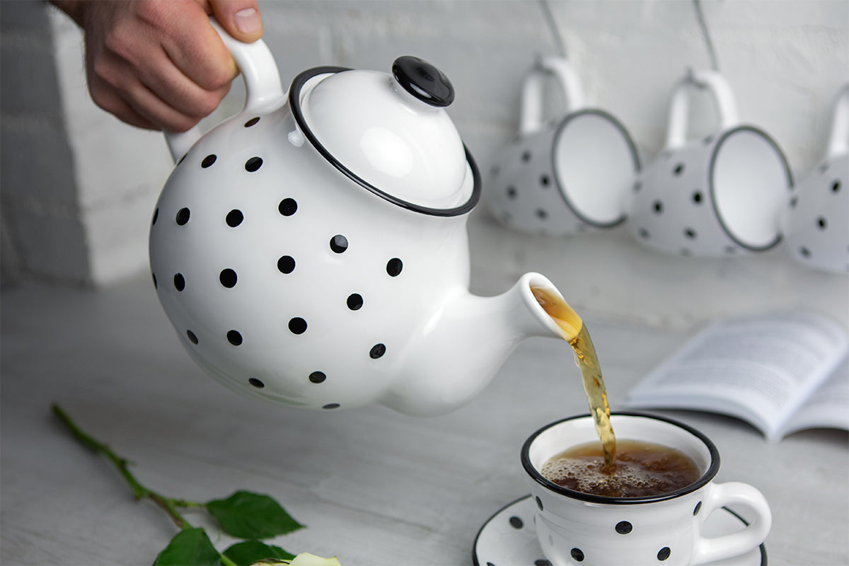 White And Black Polka Dot Spotty Large Handmade Hand Painted Ceramic Teapot with Handle 60 oz / 1.7 l