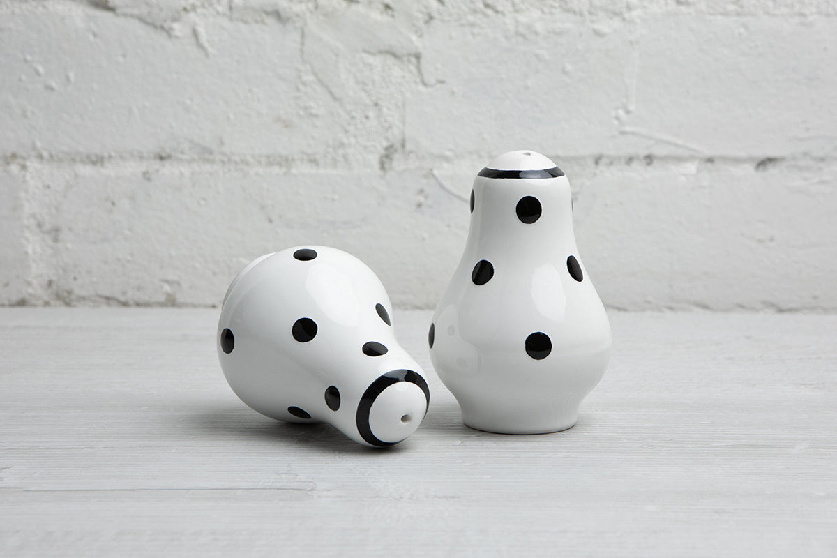 White And Black Polka Dot Spotty Handmade Hand Painted Ceramic Salt and Pepper Shaker Pot