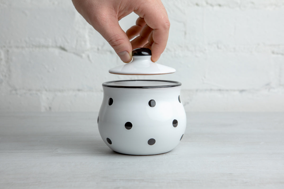White And Black Polka Dot Spotty Handmade Hand Painted Ceramic Sugar Bowl With Lid