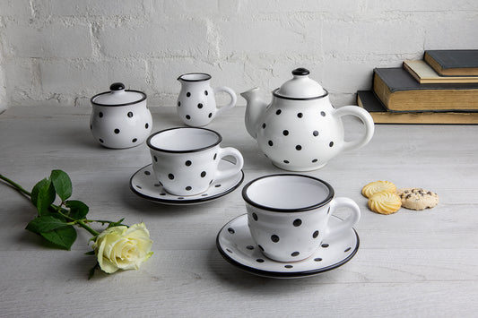 White and Black Polka Dot Pottery Handmade Hand Painted Ceramic Teapot Milk Jug Sugar Bowl Set With Two Cups and Saucers