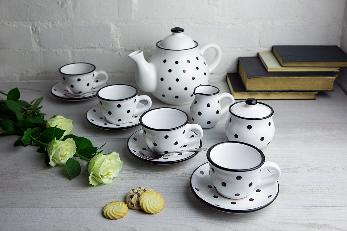 White And Black Polka Dot Spotty Handmade Hand Painted Ceramic Large Teapot Milk Jug Sugar Bowl Set With 4 Cups and Saucers