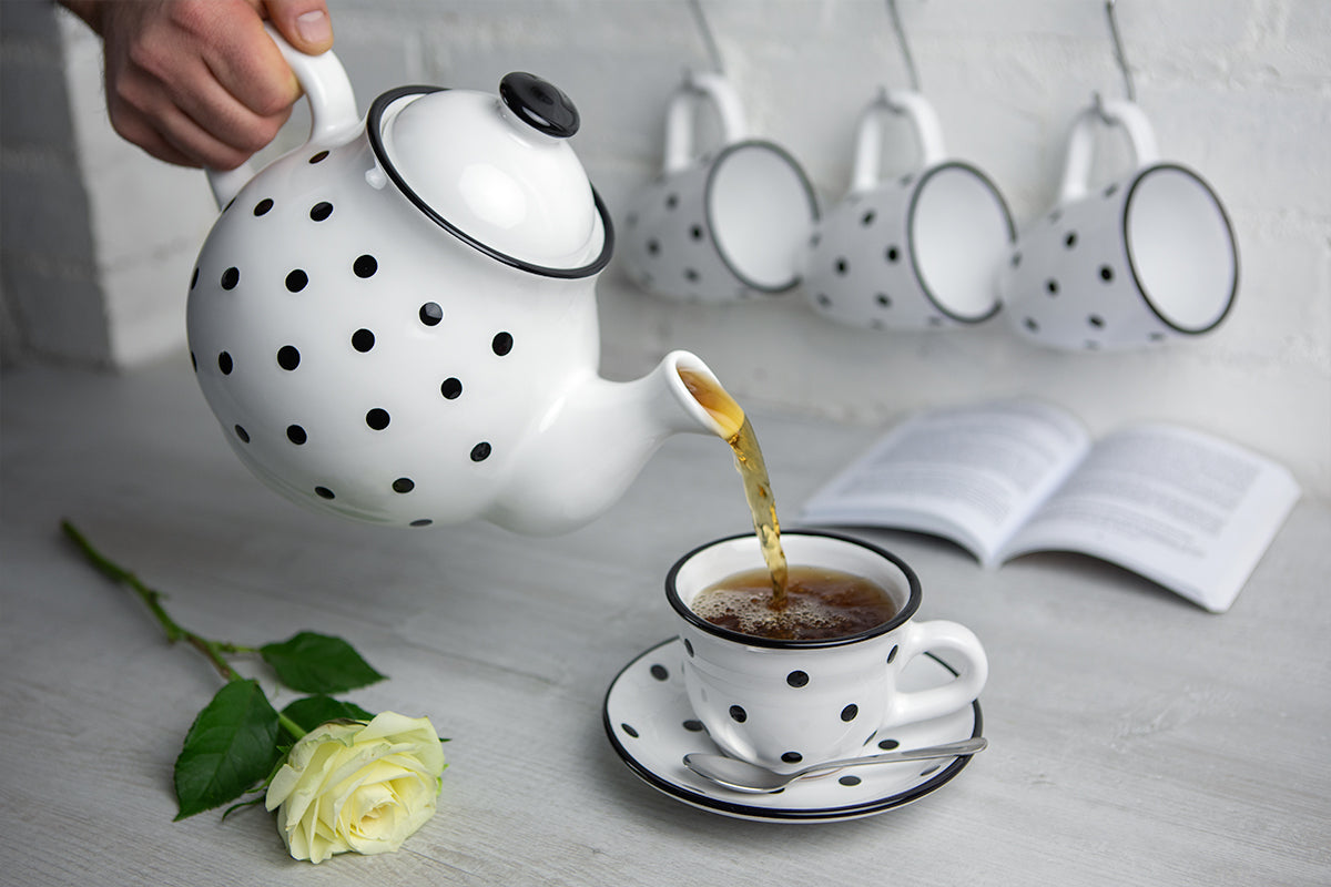 White And Black Polka Dot Spotty Handmade Hand Painted Ceramic Large Teapot Milk Jug Sugar Bowl Set With 4 Cups and Saucers
