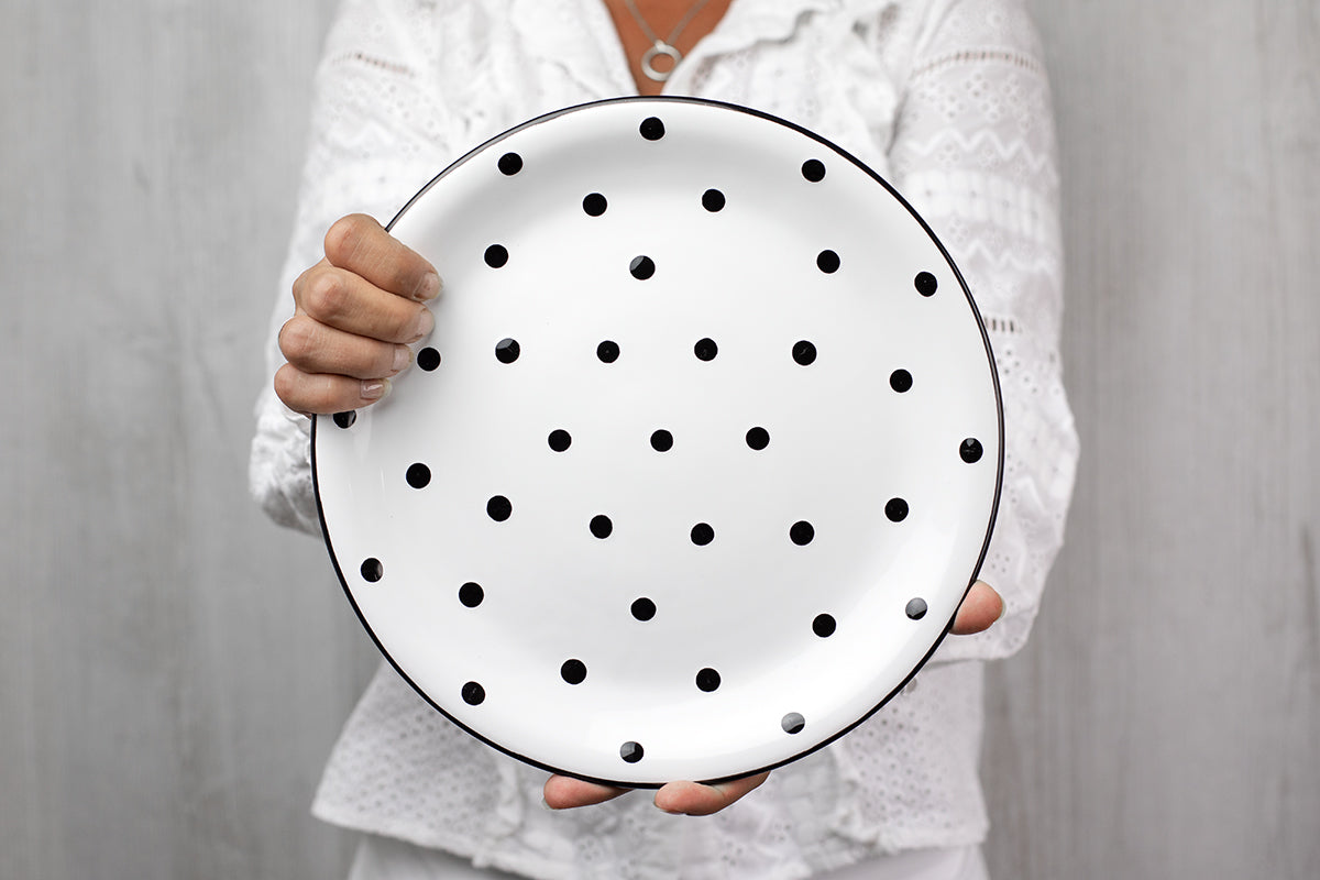 White And Black Polka Dot Spotty Handmade Hand Painted Glazed Ceramic Flat Dinner Plate