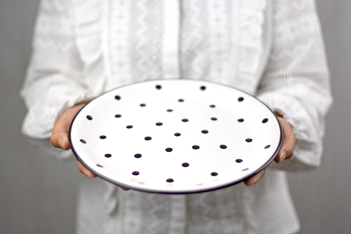 White And Black Polka Dot Spotty Handmade Hand Painted Glazed Ceramic Flat Dinner Plate