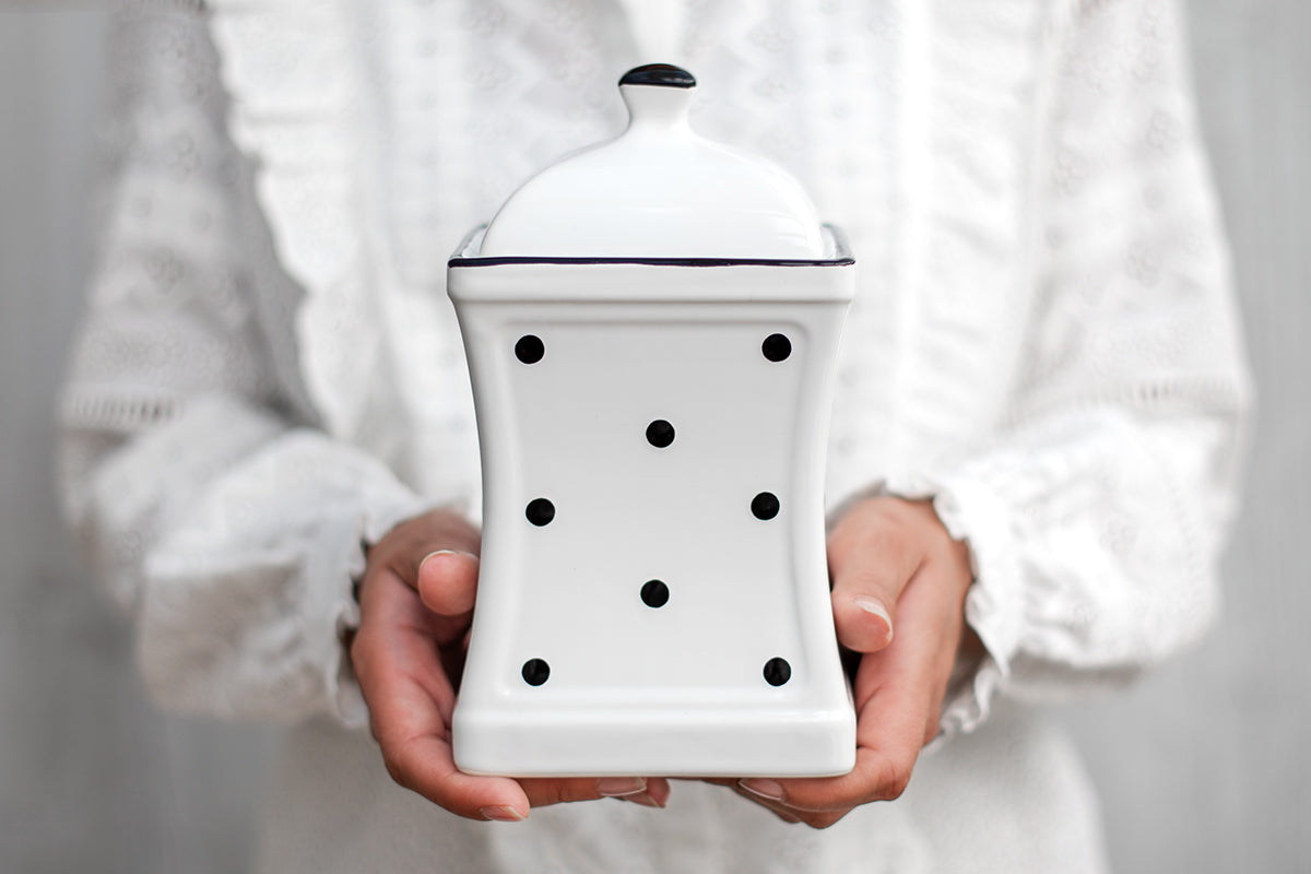 White And Black Polka Dot Spotty Handmade Hand Painted Large Ceramic Kitchen Storage Jar