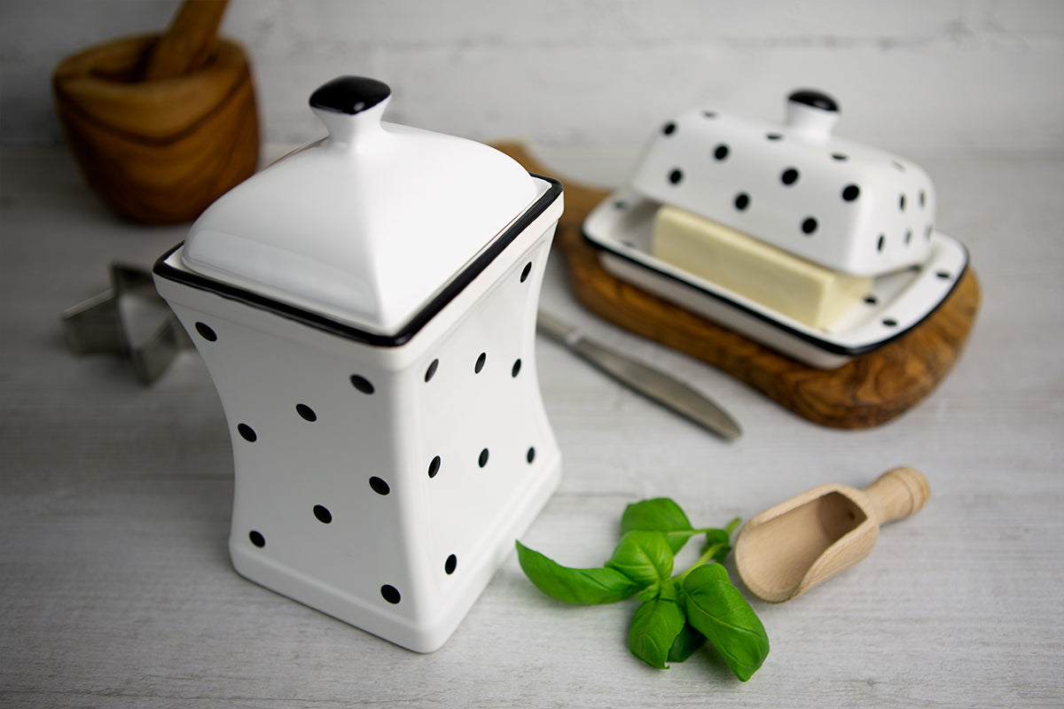 White And Black Polka Dot Spotty Handmade Hand Painted Large Ceramic Kitchen Storage Jar