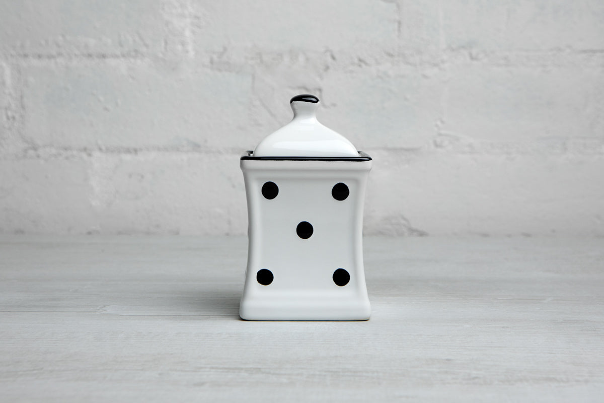 White And Black Polka Dot Spotty Handmade Hand Painted Small Ceramic Kitchen Herb Spice Storage Jar with Lid