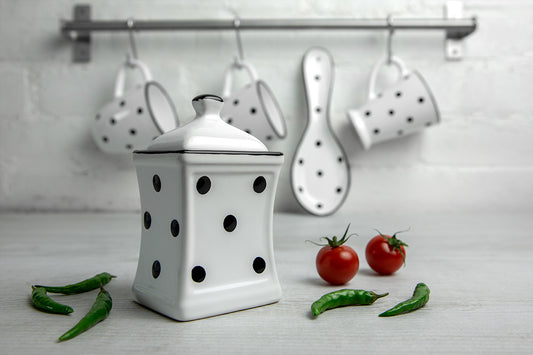 White And Black Polka Dot Spotty Handmade Hand Painted Small Ceramic Kitchen Herb Spice Storage Jar with Lid