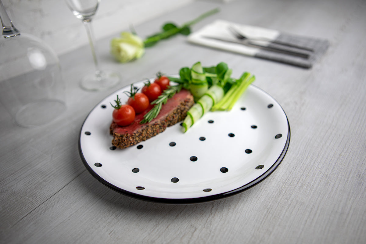 White and Black Polka Dot Spotty Handmade Hand Painted Ceramic 12 piece Dinnerware Service for 4