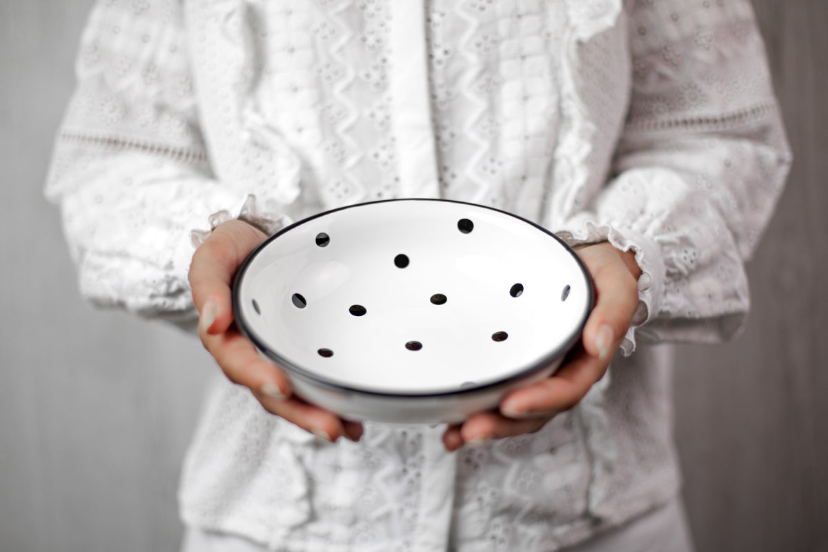 White and Black Polka Dot Spotty Handmade Hand Painted Ceramic 12 piece Dinnerware Service for 4
