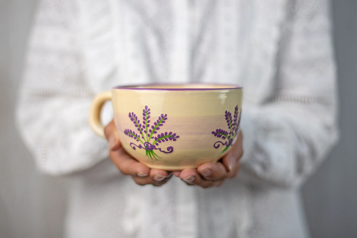 Lavender Pattern Purple And Cream Handmade Hand Painted Ceramic Extra Large 17.5oz-500ml Cappuccino Coffee Tea Soup Mug Cup