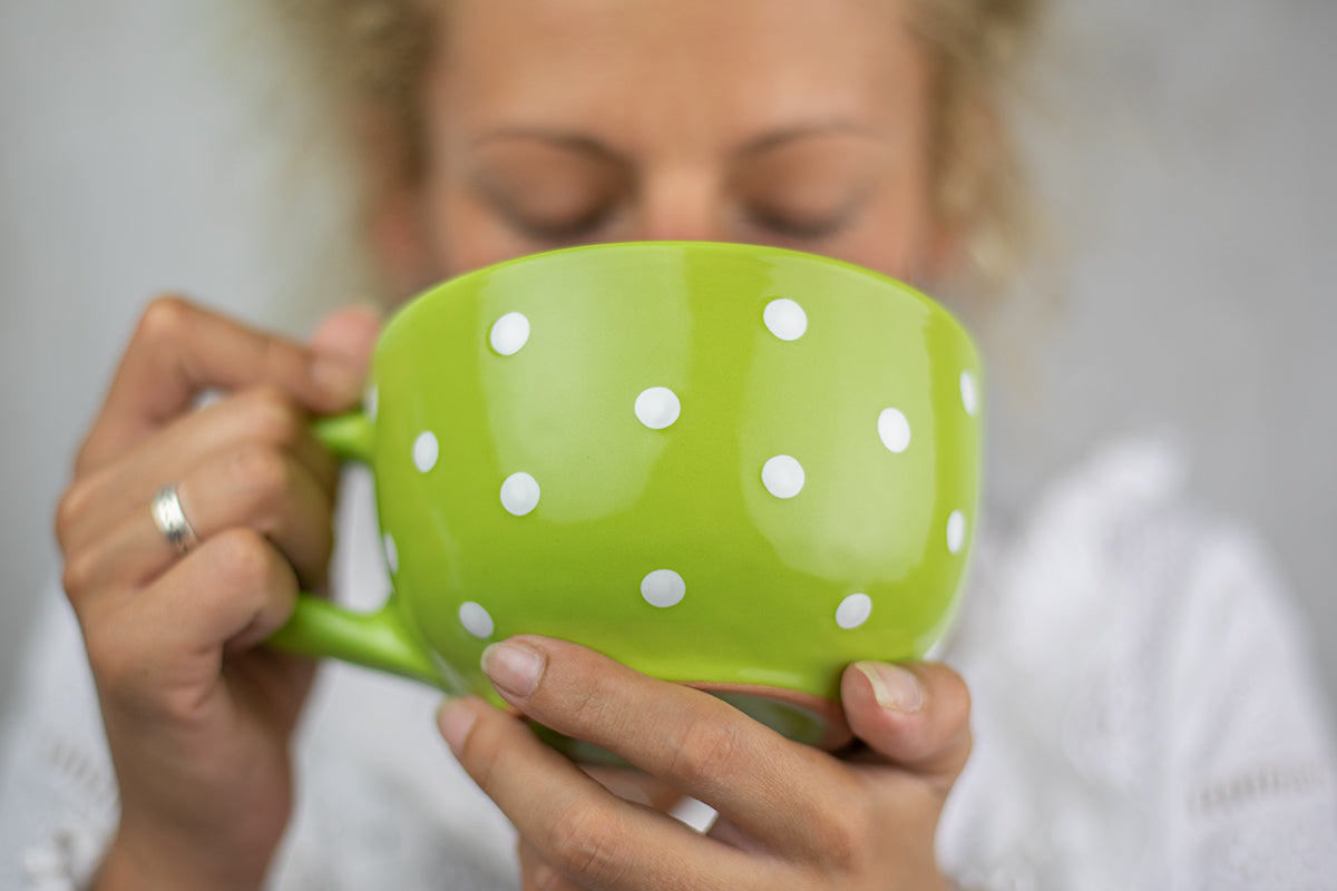 Lime Green and White Polka Dot Spotty Handmade Hand Painted Ceramic Extra Large 17.5oz-500ml Cappuccino Coffee Tea Soup Mug Cup