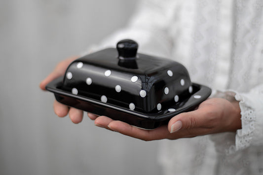 Black And White Polka Dot Spotty Handmade Hand Painted Ceramic Butter Dish With Lid